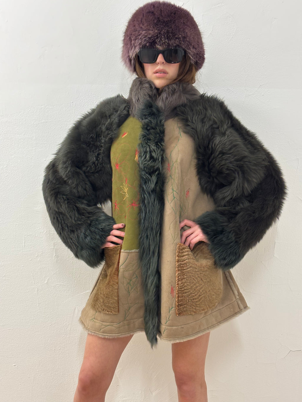 Suede & Lamb Fur Trimmed Coat