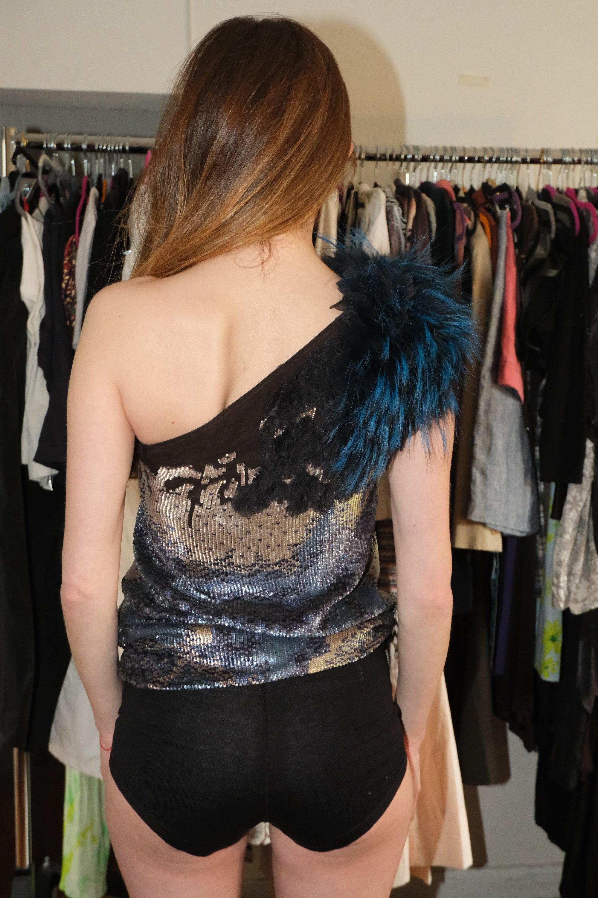 Fendi one shouldered sequin fur tunic
