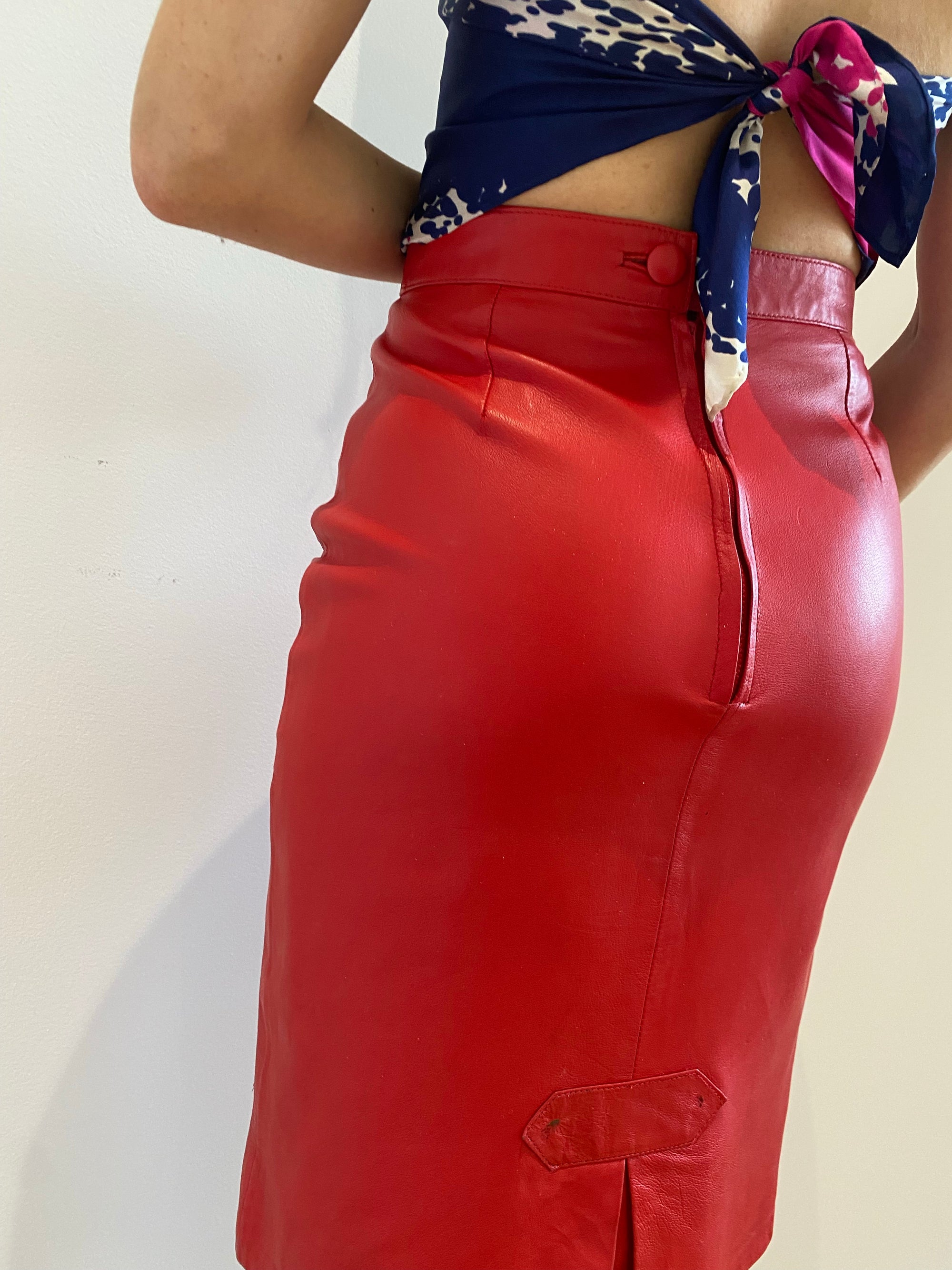 80's Red Leather Pencil Skirt