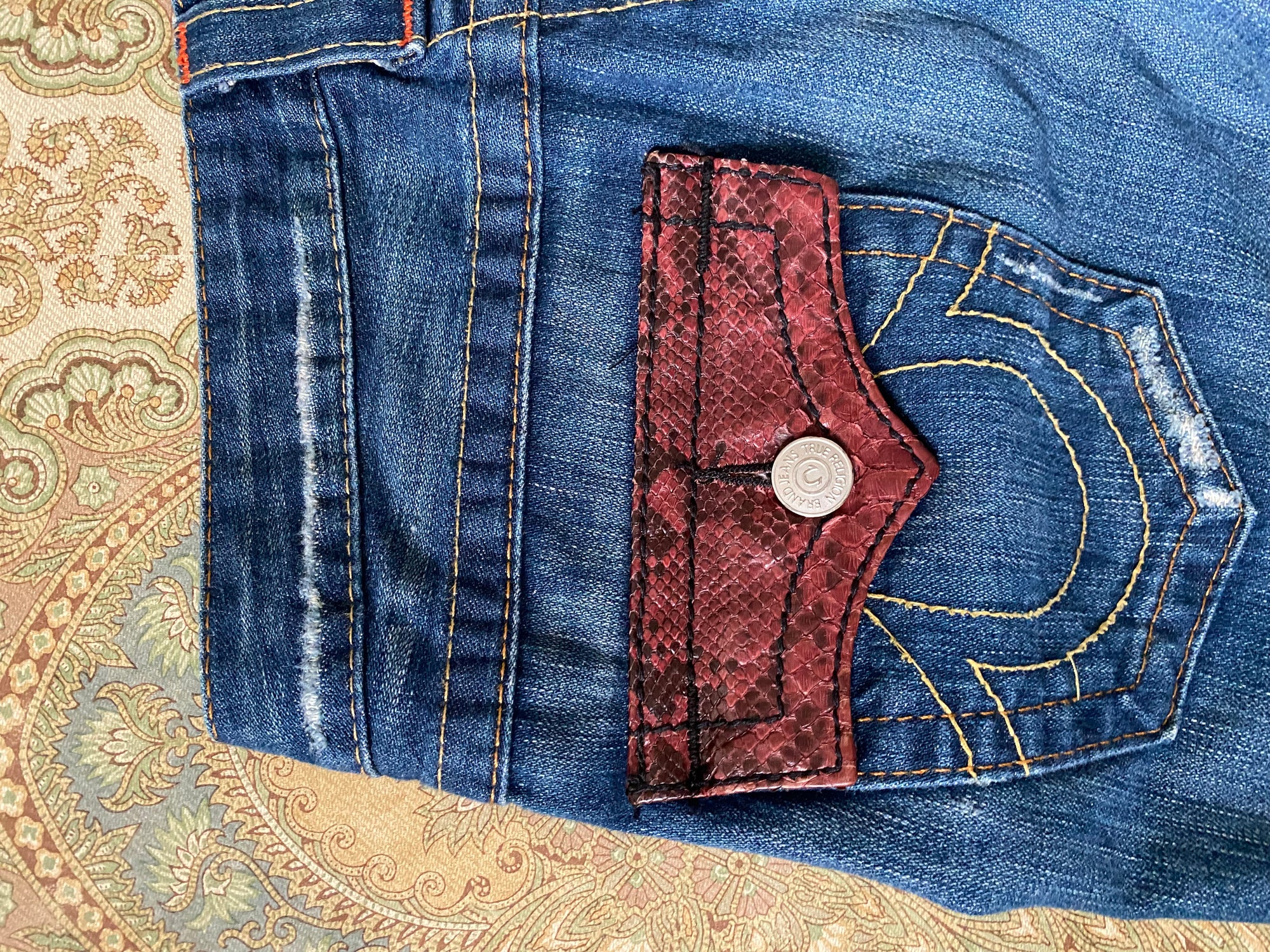 True Religion Snakeskin Low Rise Bell Bottoms