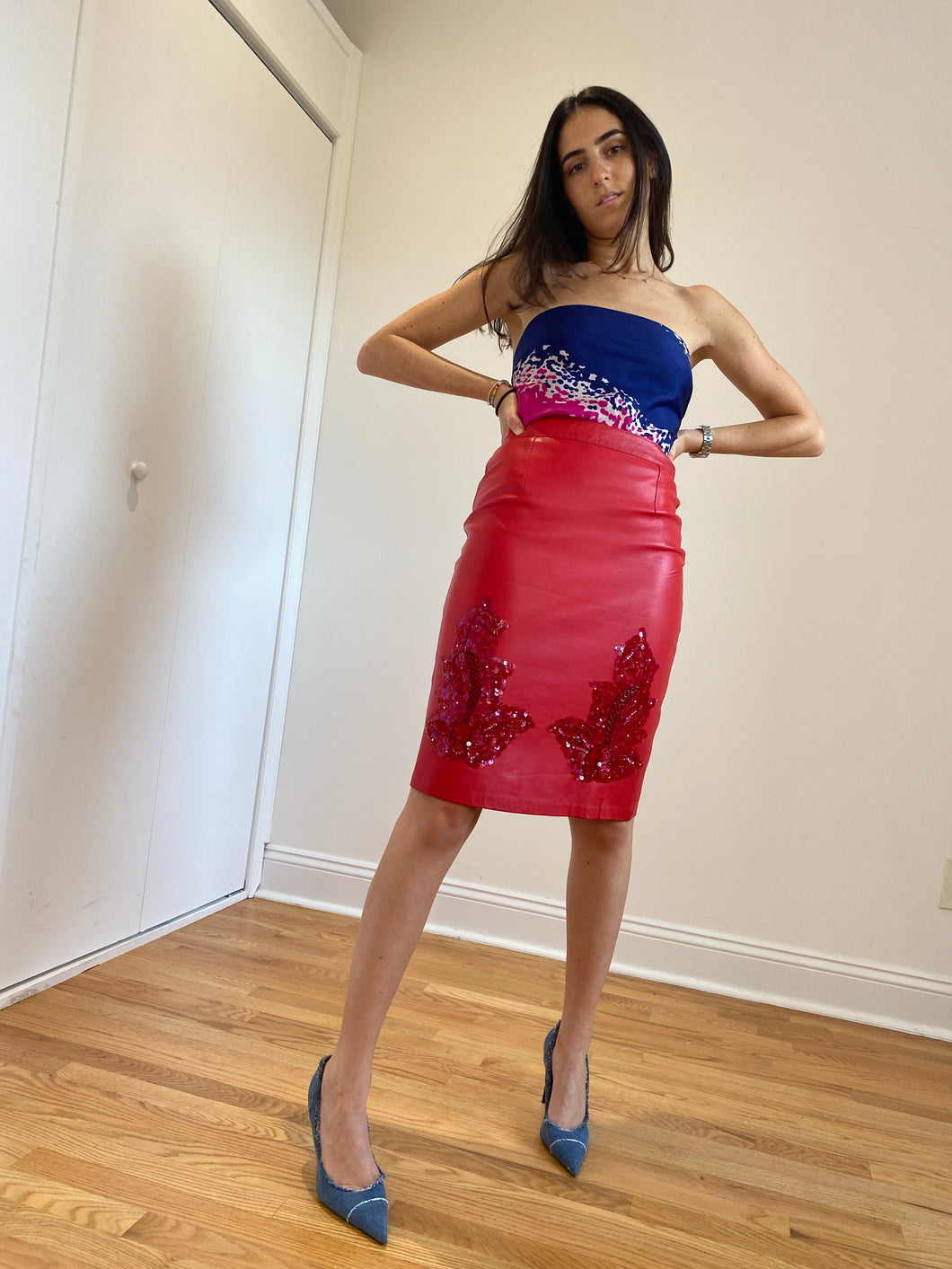 80's Red Leather Pencil Skirt