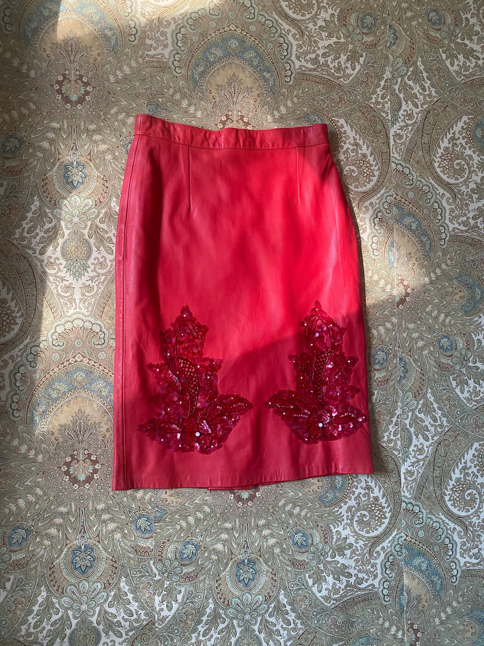 80's Red Leather Pencil Skirt